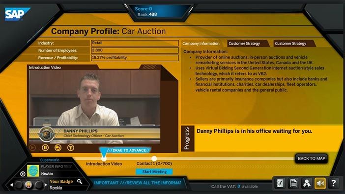 SAP Roadwarrior screen showing the simulated sales negotiation with the CTO of a car auctioning company.