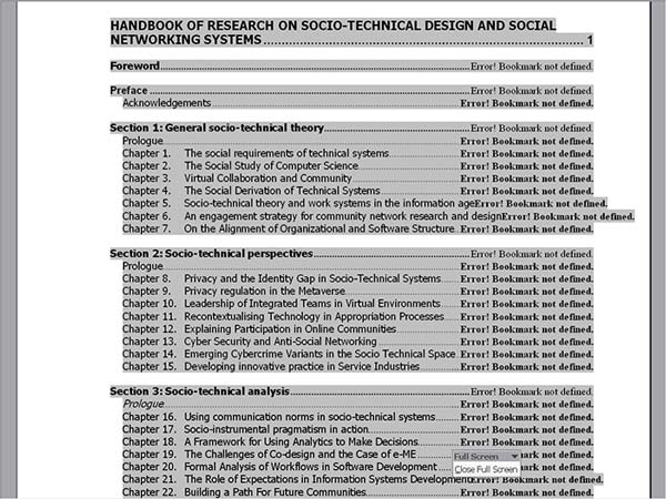 A table of contents as emailed to a colleague (Word)