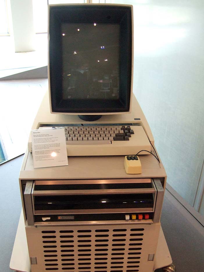 The Xerox Alto, introduced in 1973, but never commercially produced. The Alto was the predecessor of the Xerox Star, an early “personal computer”, introduced in 1981