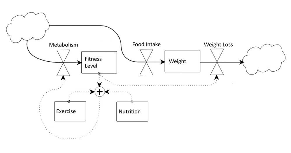 A System Dynamics flow graph with two levels (i.e., stocks) and three rates