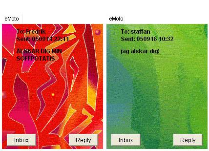 eMoto-messages sent to boyfriends in the final study of eMoto. On the left, a high energy expression of love from study participant Agnes to her boyfriend. On the right, Mona uses her favourite green 