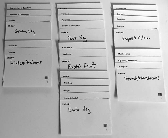 Sample cards organized into groups