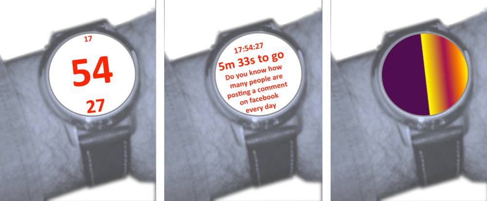 Design sketches that illustrate ideas for time visualizations in different contexts. Left: for users that run to catch the train; making it easy to see the minutes. Middle: a time visualization for bo