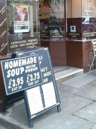 This traditional board advertises the same product to all people who pass by - home made soup with bread. In the future such boards will be replaced with digital screens and then it becomes possible t