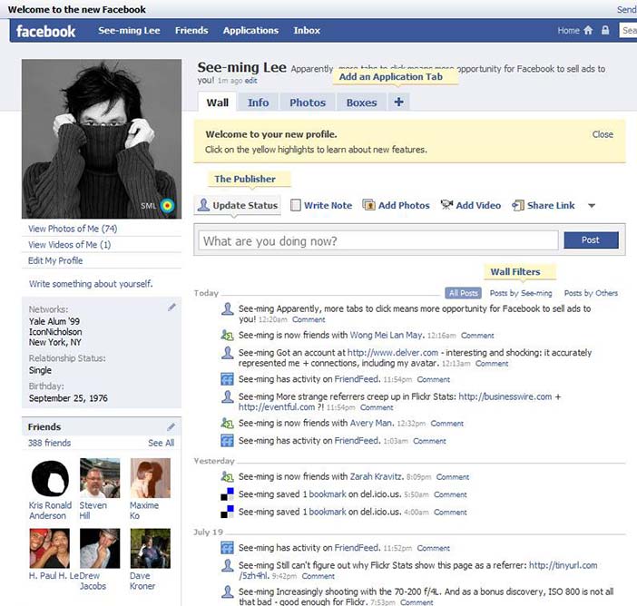 A user profile in the Facebook social networking site as it looked in 2010