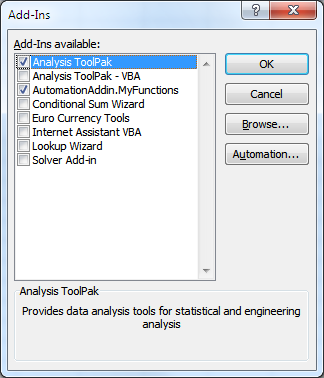 Screen in Microsoft Excel for tailoring which features should be activate and visible