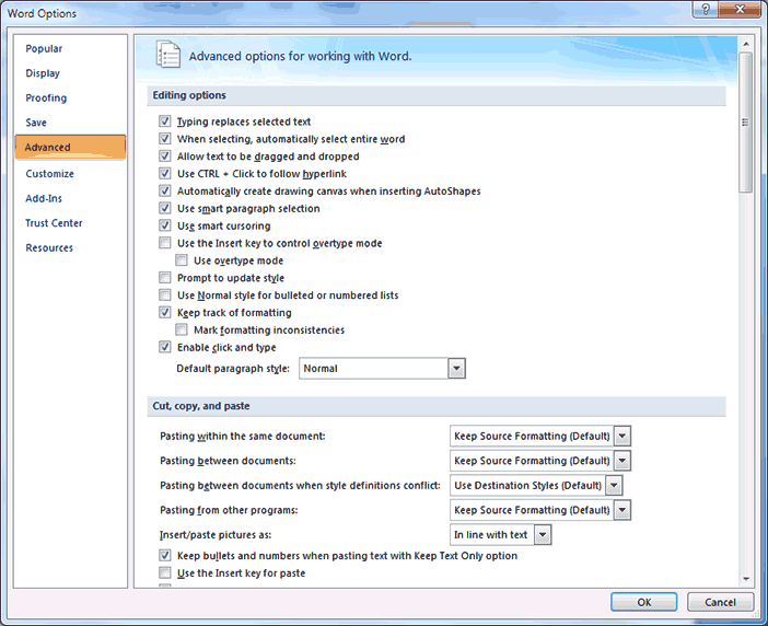 Screen in Microsoft Word for tailoring how the application handles clicks on hyperlinks, copy/paste commands, and other kinds of user input