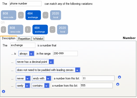 Visual specification of what a phone number looks like; from this specification, the tool generates code that can check whether a particular string matches the specification (Scaffidi 2009)