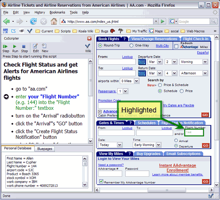 Using the CoScripter programming tool to edit a web macro that tells the browser to look up information on the American Airlines website. The macro's execution has been paused at the second instr