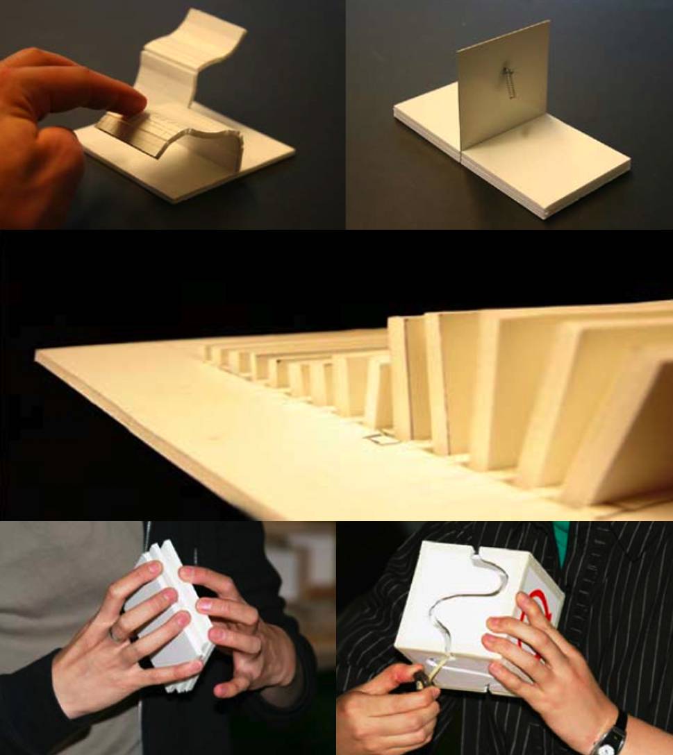 Interaction Mechanisms: Students translated the keywords into interaction possibilities. They built interaction mechanisms with white 'neutral' foam board squares in order to focus on intera