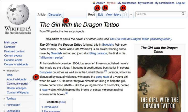 The Wikipedia article page for The Girl with the Dragon Tattoo. Most visitors come (a) to read, but they can also (b) edit the article, (c) view its history, or (d) read its discussion page. Those wis