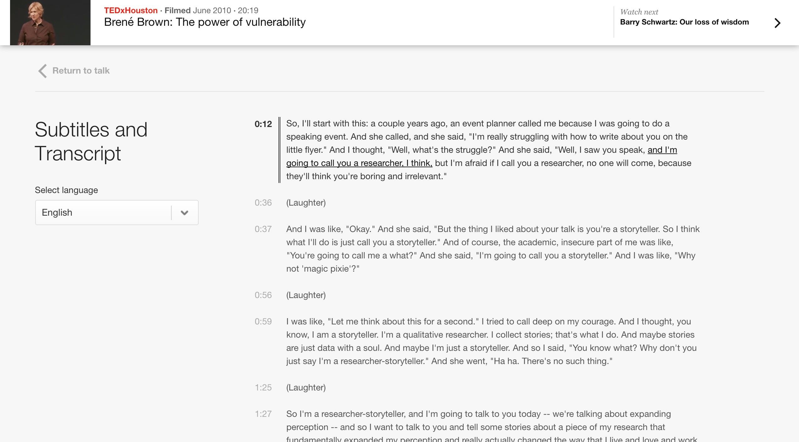 Screenshot of the TED website that shows the transcripts of a video, highlighting the text to indicate what is being spoken while the video plays.