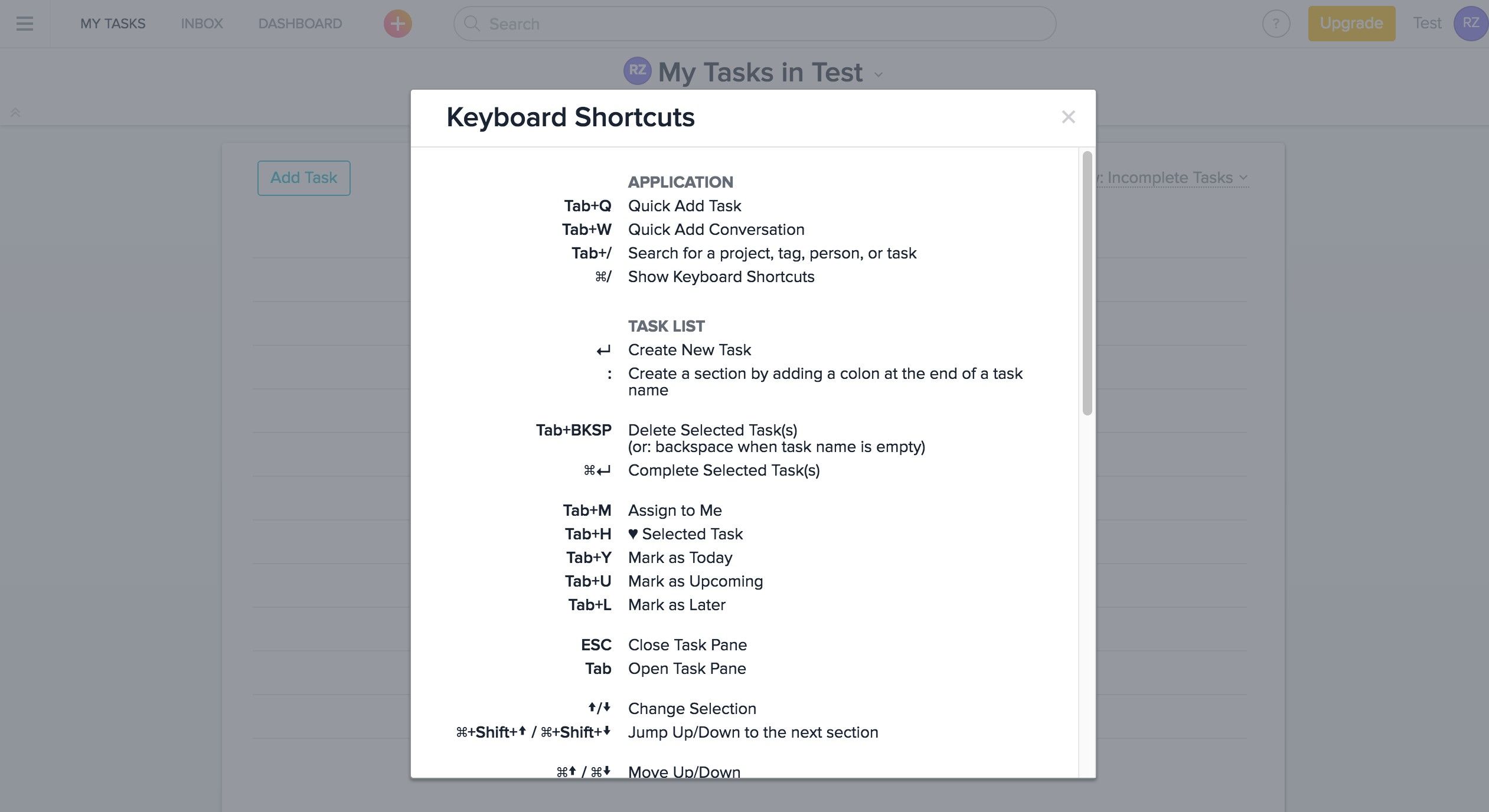 A list of all the keyboard shortcuts that are present within Asana.