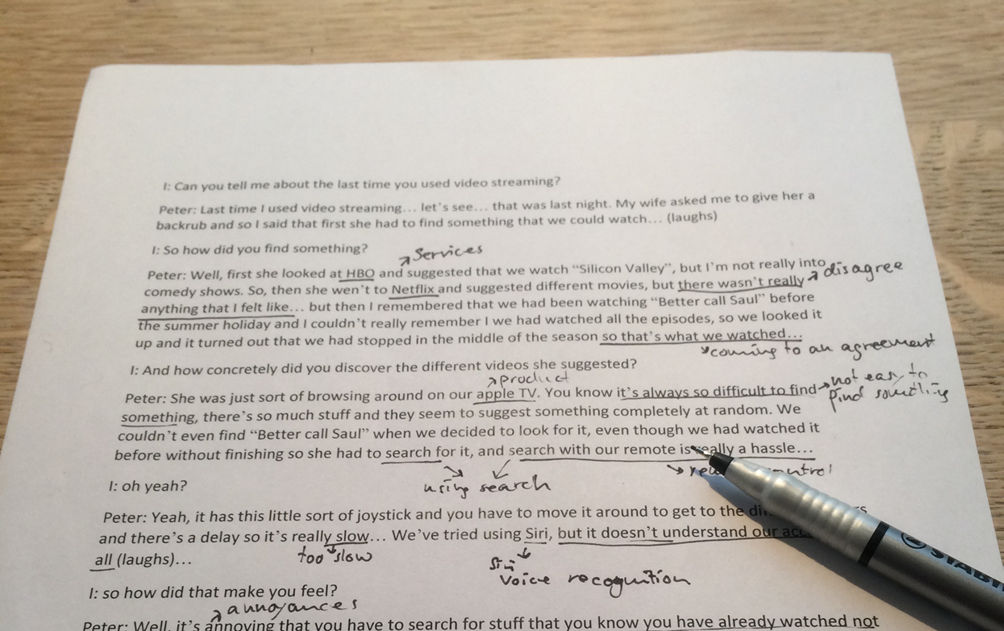 A printed transcript of an interview with handwritten annotations.