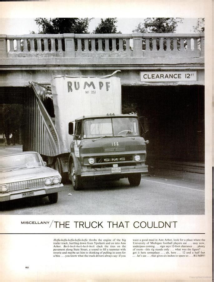 Newspaper article showing a truck stuck under a bridge.