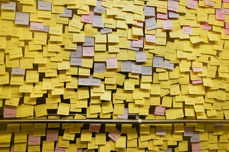 A wall saturated with sticky notes.