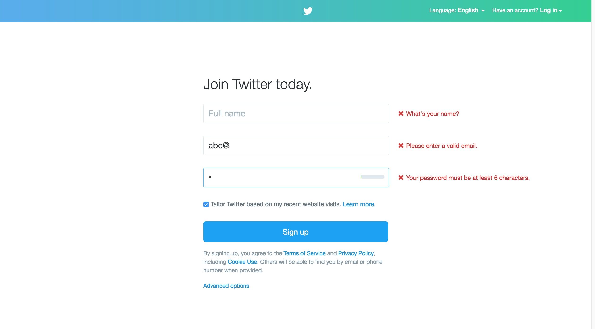 The interface of Twitter's login screen that shows error messages beside the form fields.