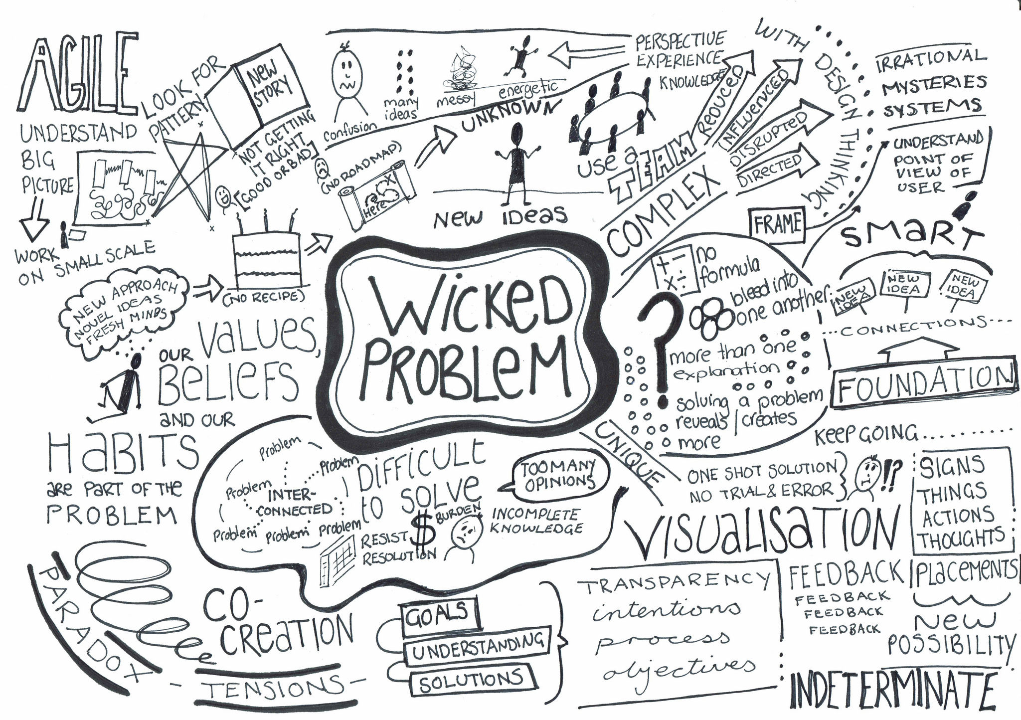 A sketchnote exploring the complex relationships between a wicked problem and the array of disparate traits it involves, such as values, beliefs, habits, systems, paradoxes and many other things.