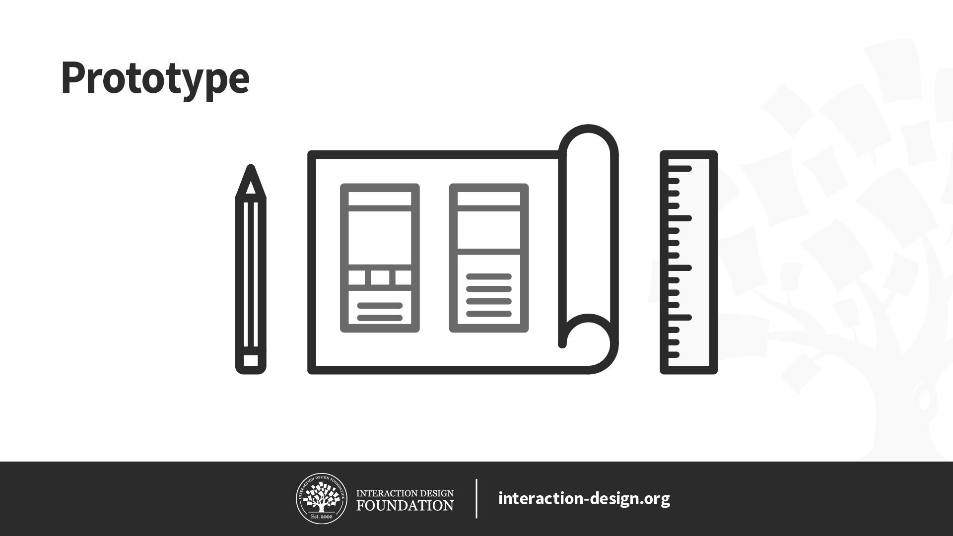 Illustration of the Prototype phase of the design process showing a pencil, wireframes on paper, and a ruler.