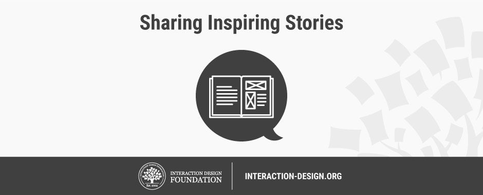 Illustration of Sharing Inspiring Stories with a conversation bubble with wireframes inside the bubble.