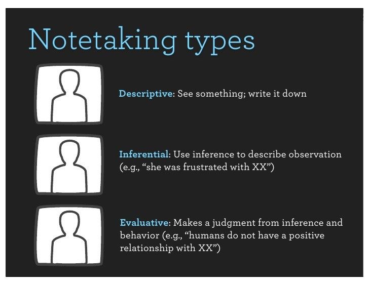 Three types of note taking - descriptive, inferential, and evaluative.