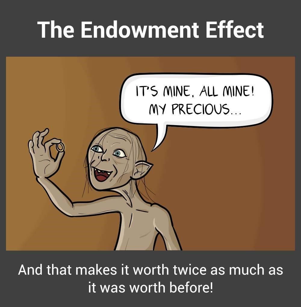 Comic of the Endowment Effect showing Gollum holding the ring. The caption says 